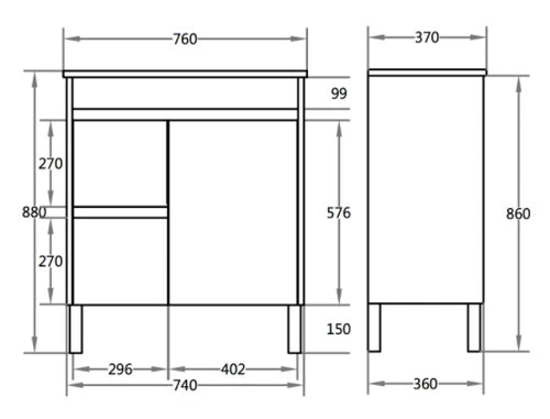 750mm X 365mm PVC Floor Standing Vanity Legs Left Hand Drawers