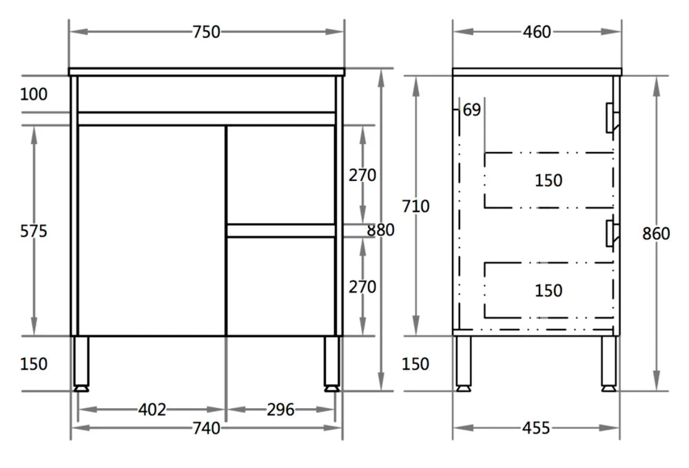 750mm X 460mm PVC Floor Standing Vanity Legs Right Hand Drawers