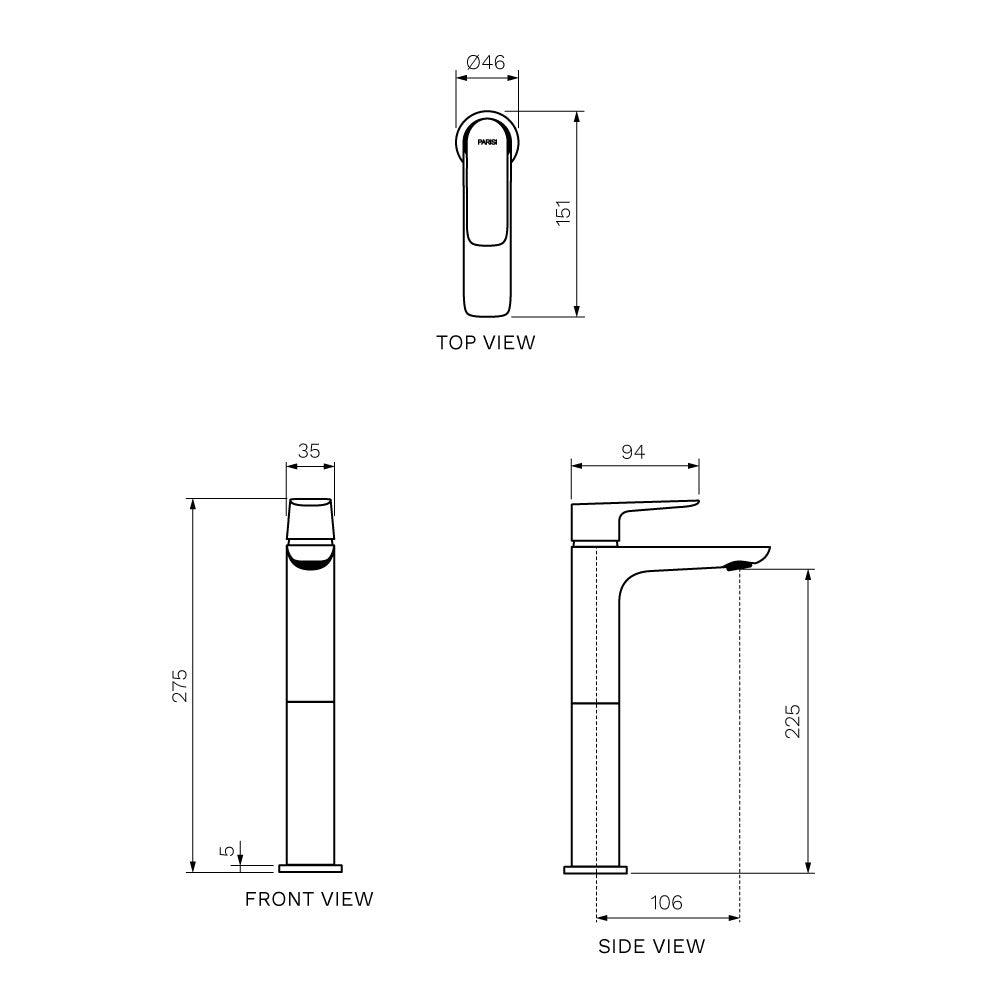 Parisi Slim II High Basin Mixer | Matt Black