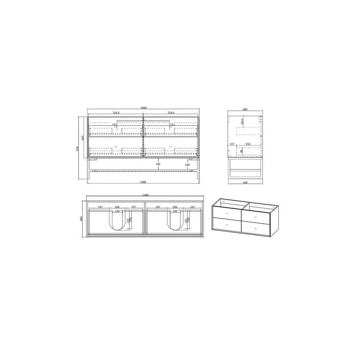 Otti 1500mm Boston Matte Grey Wall Hung Vanity