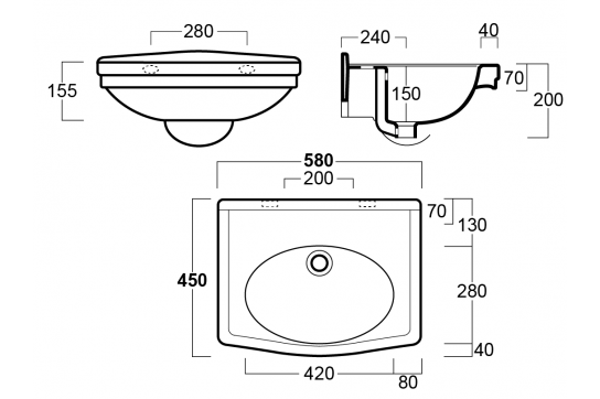 Claremont 58 x 45 Wall Hung Basin Without Taphole