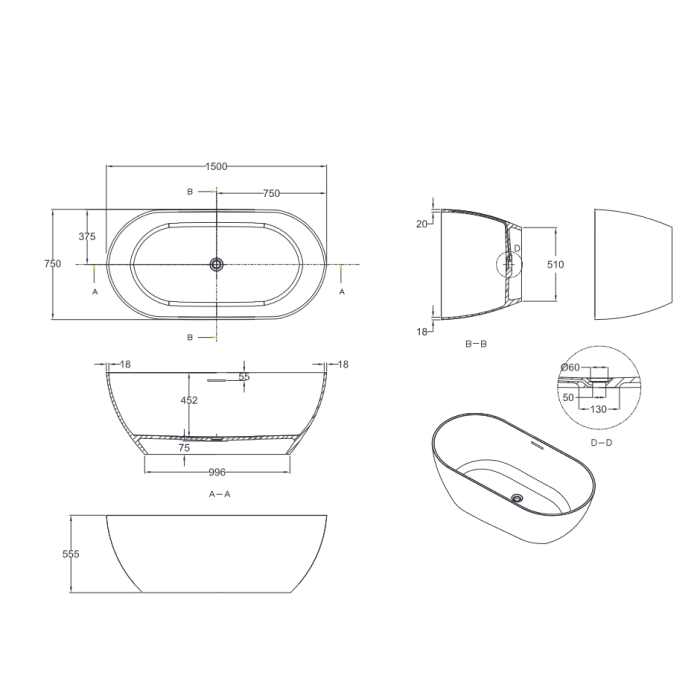 Abey Gareth Ashton Formoso 1500mm x 750mm Natural Stone Bath