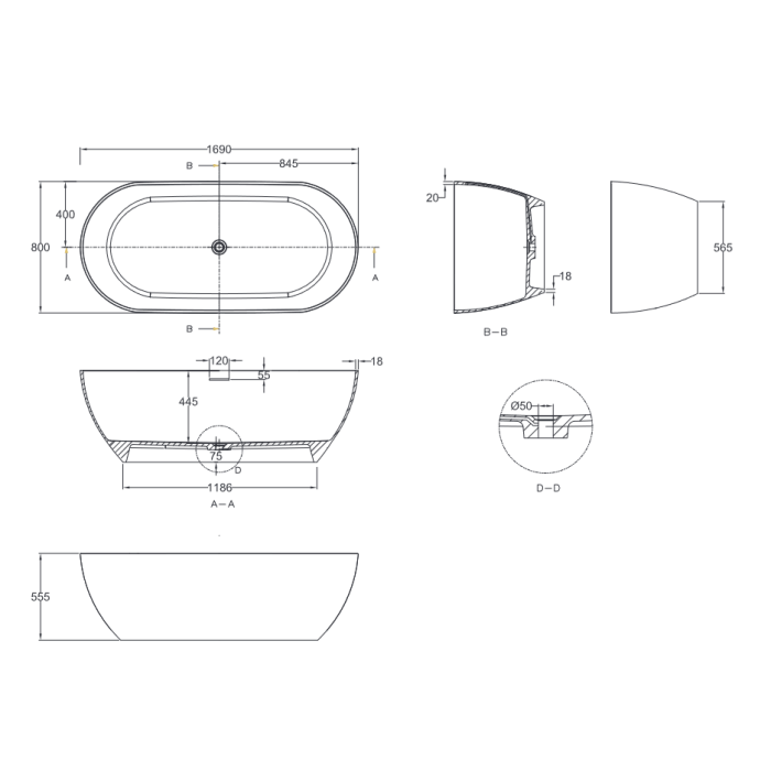 Abey Gareth Ashton Formoso 1690mm x 800mm Natural Stone Bath