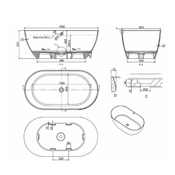 Abey Gareth Ashton Byron Matt 1500mm Clearstone Freestanding Bath