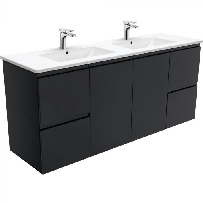 Fienza 1500mm Dolce Fingerpull Double Bowl Wall Hung Vanity - Satin Black