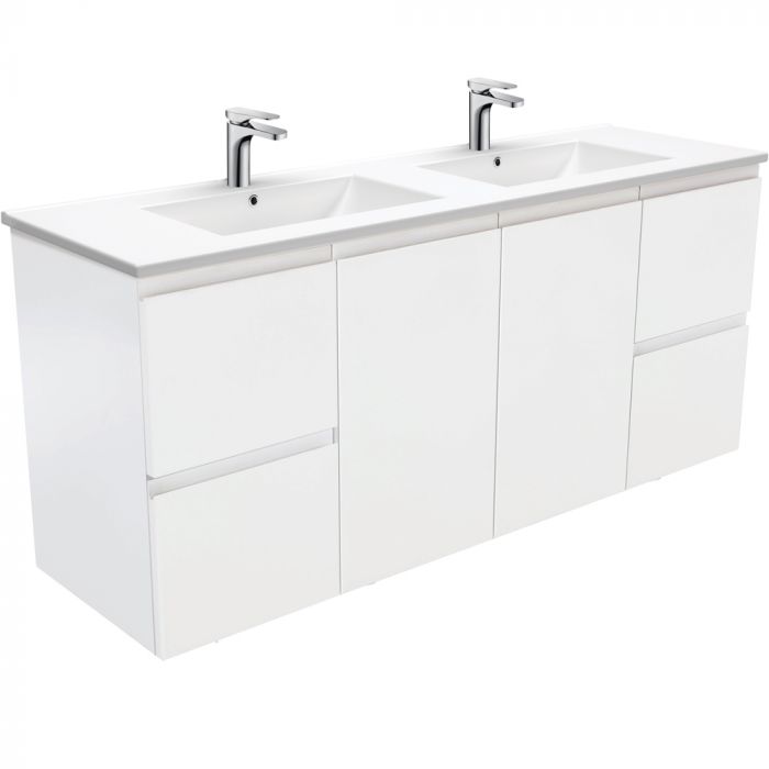 Fienza 1500mm Dolce Fingerpull Double Bowl Wall Hung Vanity - Satin White