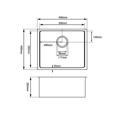 440mm x 440mm x 205mm Dark Grey Single Bowl Sink