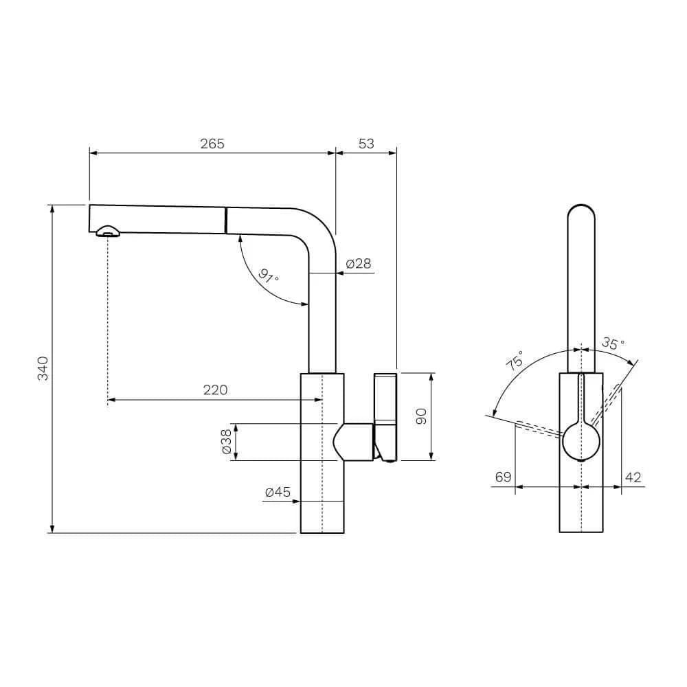 Parisi Libera Kitchen Mixer Square Spout With Pull Out Spray - Chrome