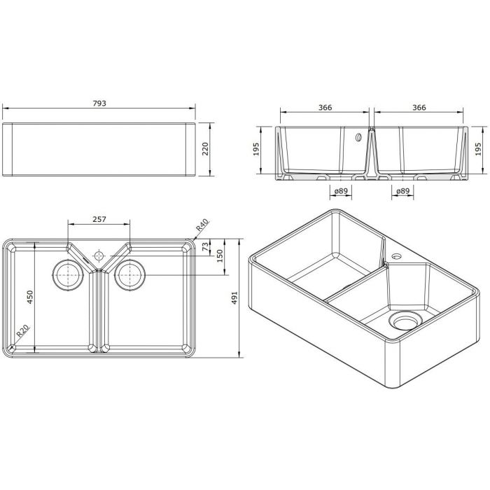 Turner Hastings Chester 80 x 50 Double Flat Front Fine Fireclay Butler Sink