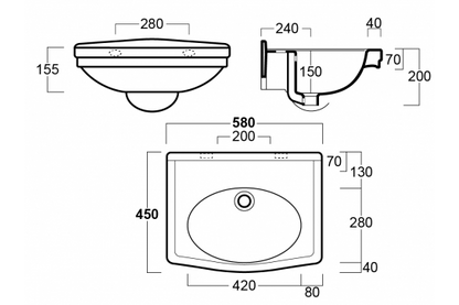 Claremont 58 x 45 Wall Hung Basin Without Taphole