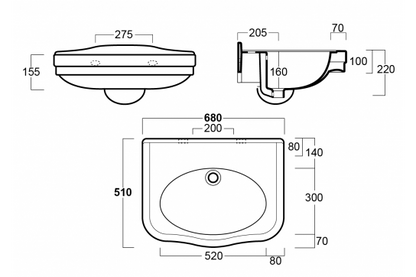 Claremont 68 x 51 Wall Hung Basin Without Taphole