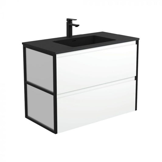 Fienza 900mm Montana Amato Double Draw Wall Hung Vanity - Matte Black Frames Side Panels