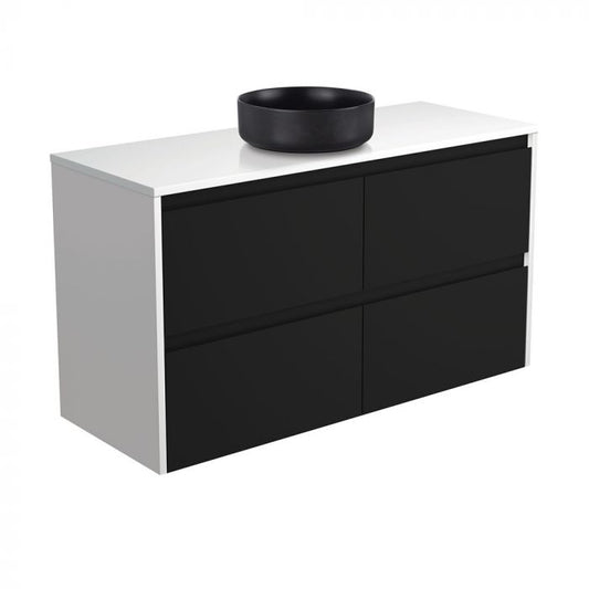 Fienza 1200mm Reba MB Crystal Amato Wall Hung Satin Black Vanity - Satin White Panels