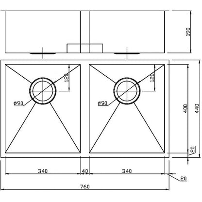ACL 760mm x 440mm Rosa Double Bowl Sink Above Counter / Undermount