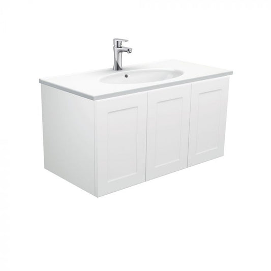 Fienza 900mm Rotondo Top With Mila Cabinet Wall Hung - Satin White Left hand Draws