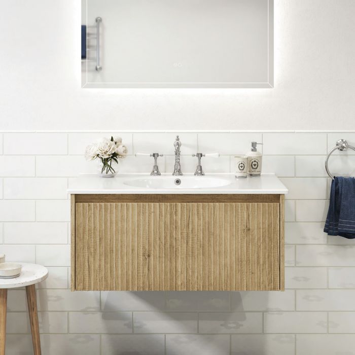 Fienza 900mm Rotondo Top With Alina Cabinet Wall Hung - Scandi Oak