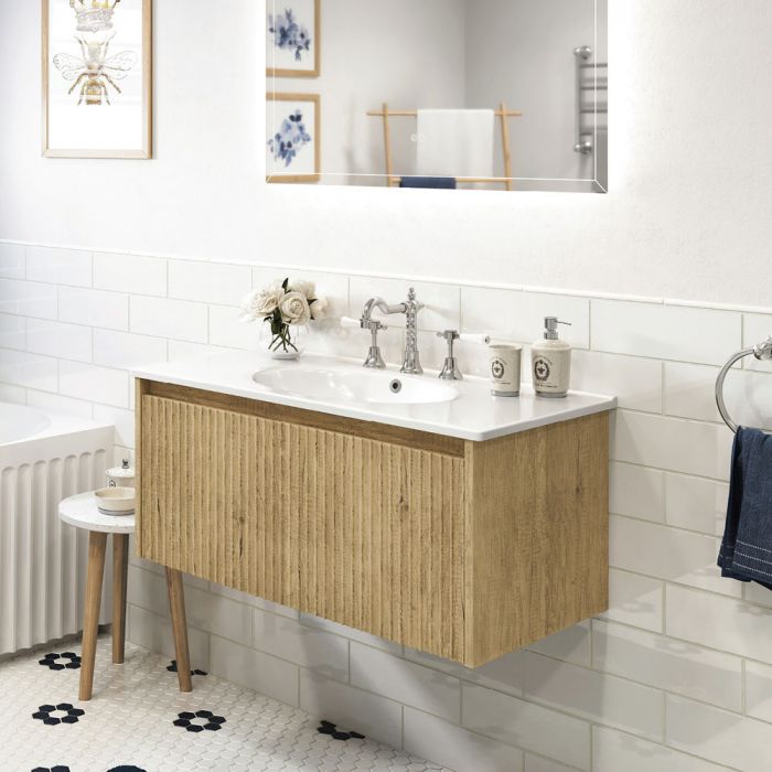 Fienza 900mm Rotondo Top With Alina Cabinet Wall Hung - Scandi Oak