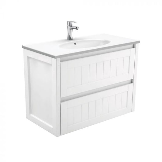 Fienza 900mm Rotondo Top With Hampton Cabinet Wall Hung - Satin White