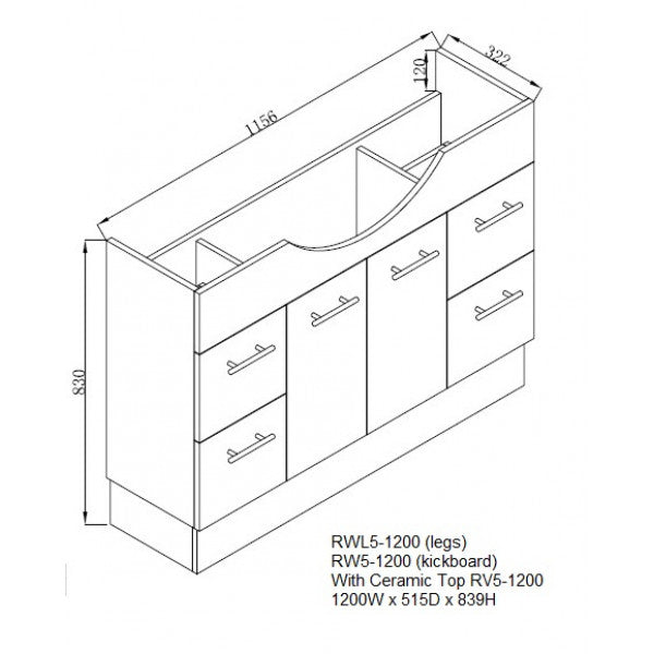 RWL5-1200 1200mm Semi Recessed Vanity Legs