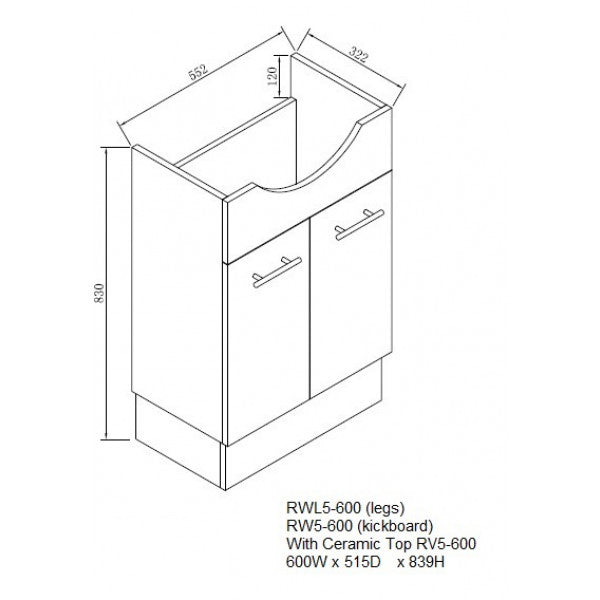 RWL5-600 600mm Semi Recessed Vanity Legs