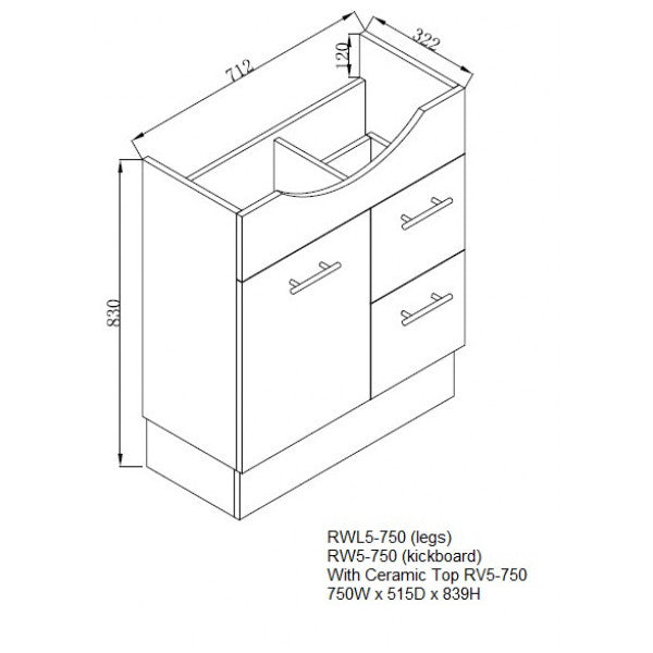 RWL5-750 750mm Semi Recessed Vanity Legs