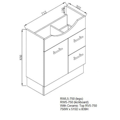 RWL5-750 750mm Semi Recessed Vanity Legs