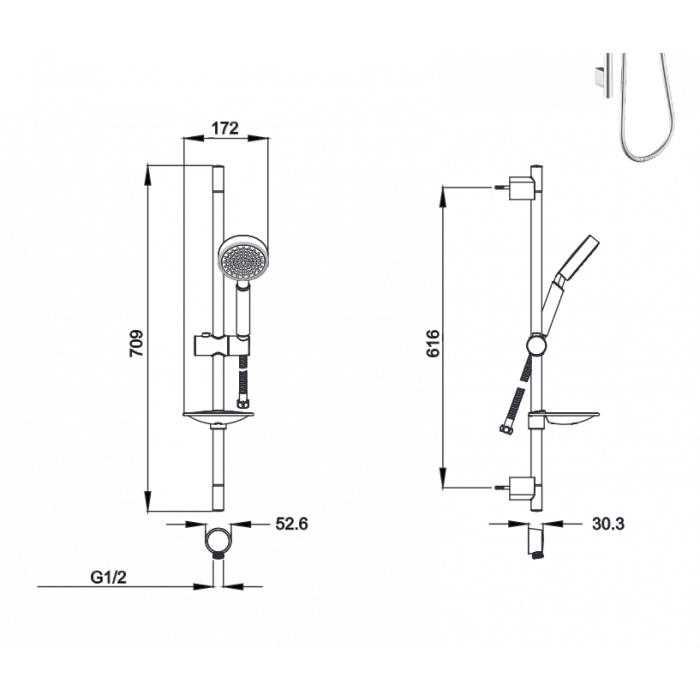 Abey Gareth Ashton ABS Round Rail Shower Single Function - Black