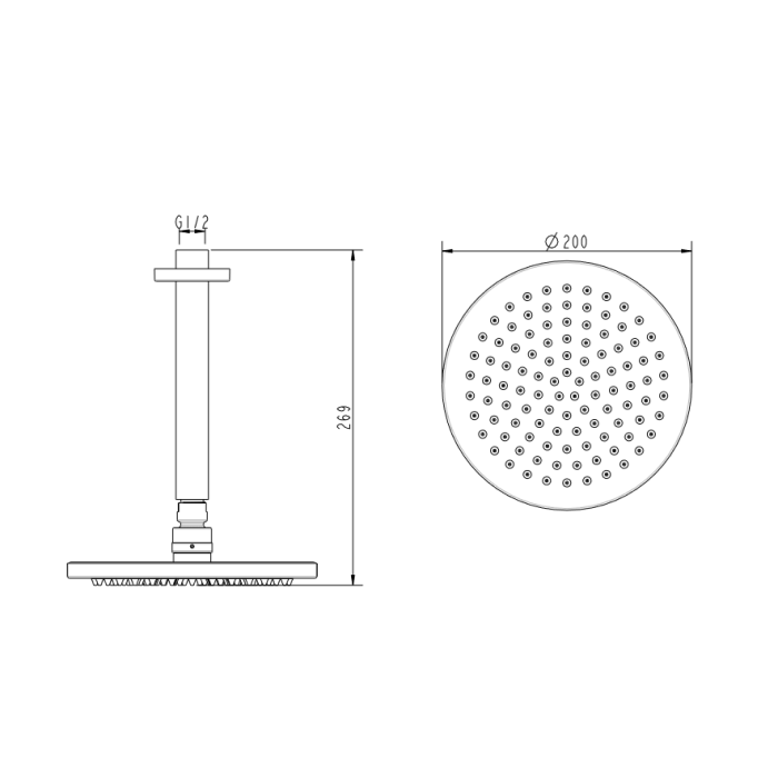 Abey Gareth Ashton Brass 200mm Round Shower Head with Ceiling Dropper - Brushed Nickel