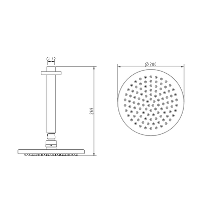 Abey Gareth Ashton Brass 200mm Round Shower Head with Ceiling Dropper - Brushed Nickel