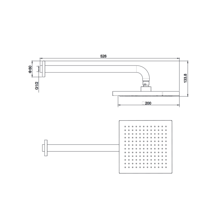 Abey Gareth Ashton ABS 200mm Square Shower Head With 400mm Round Wall Arm