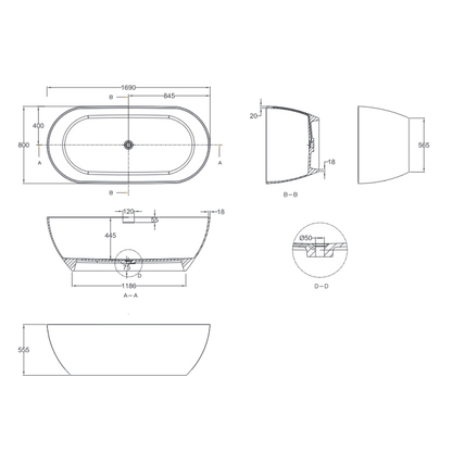 Abey Gareth Ashton Formoso 1690mm x 800mm Natural Stone Bath