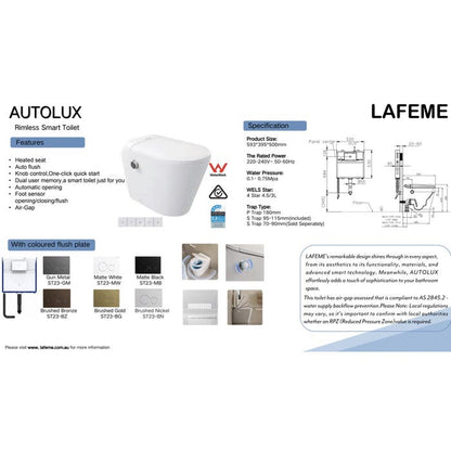 Lafeme Autolux Inwall Cistern Floor Pan Smart Toilet With Gun Metal Flush Plate