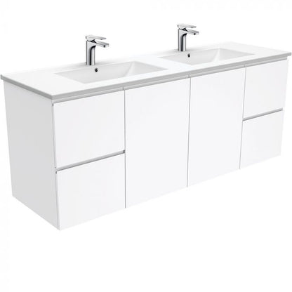 Fienza 1500mm Dolce Fingerpull Double Bowl Wall Hung Vanity - Gloss White