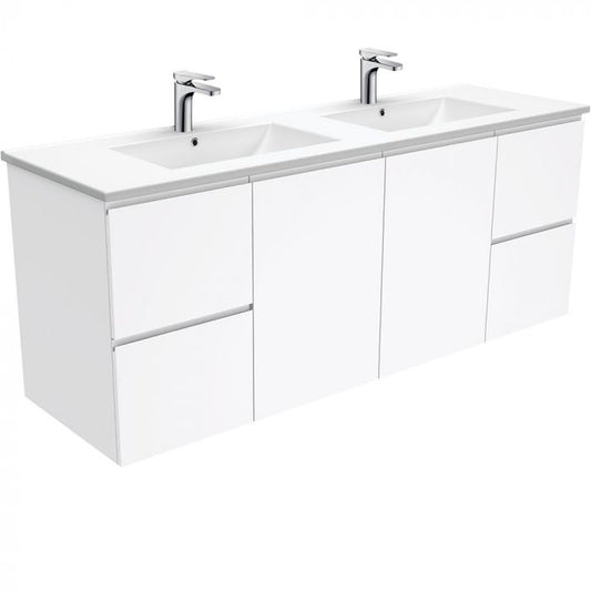 Fienza 1500mm Dolce Fingerpull Double Bowl Wall Hung Vanity - Gloss White