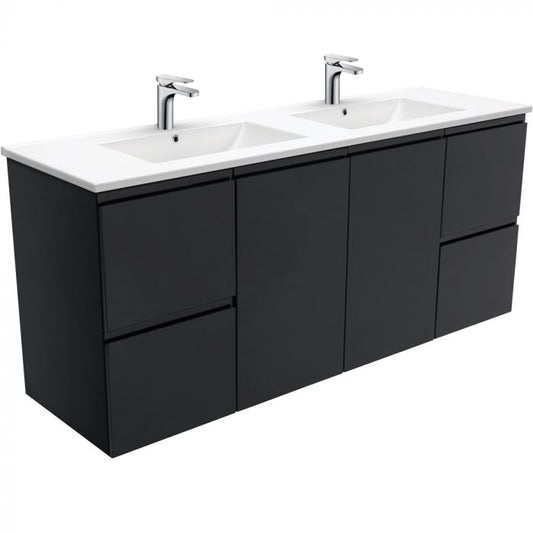 Fienza 1500mm Dolce Fingerpull Double Bowl Wall Hung Vanity - Satin Black