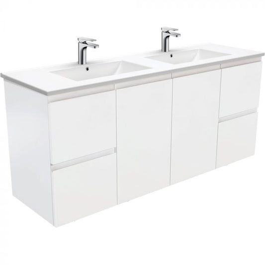 Fienza 1500mm Dolce Fingerpull Double Bowl Wall Hung Vanity - Satin White